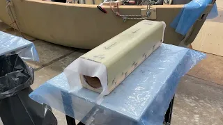 15 Jan 2023  Shaping and glassing the box for the rudder axis. 3 X 450 gram glass. First side done.