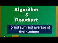 Algorithm to find sum and average of 5 numbers and draw Flowchart for it
