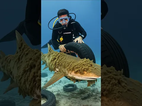 Diver Rescues Shark Trapped in Tire  Incredible Ocean Rescue #ai #animals #beach #funny #video
