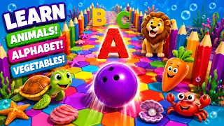 🎳🌈 Kinetic Sand Bowling Ball Smash Race Space Adventure! Learn Animals, ABC & Vegetables 🦁🥕