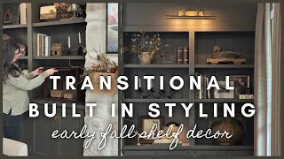 Transitional Built In Styling early fall shelf decor