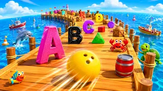 🎳🌊 Bowling Ball Smashes Kinetic Sand Sea Adventure! Learn Shapes, Animals & ABC for Kids