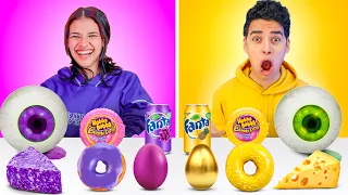 تحدي اكل يوم كامل بنفس لون ملابسنا البنفسجي ضد الاخضر 