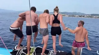 Leg 7 Winner Team Malizia Finish Genova Italy. After Finish Chase Boat Interviews/Action/Swimming