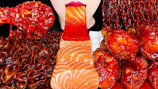 ASMR FRIED CHICKEN, BLACK BEAN NOODLES, FIRE RAW SALMON 양념치킨, 짜파게티, 불닭 연어 EATING SOUNDS MUKBANG 먹방