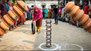 😲 অসম্ভবকে সম্ভব! টায়ার দিয়ে সব হাঁড়ি ভেঙে ফেললেন তিনি! /  Breaking Pots with a Tire Challenge!