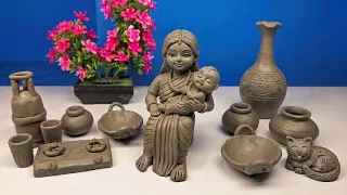 12 Cute kitchen set Diy | Miniature Clay craft | All kitchen set mitti bartan | Clay House making