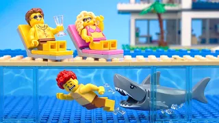 Uninvited Guest to the Rich Pool Party: Lego Shark Attack | LEGO Land | Lego Stop Motion