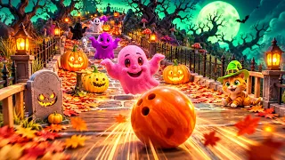 🎃👻 Halloween Pumpkin Bowling Ball Smashes Kinetic Sand! Learn Colors, ABC & Shapes for Kids