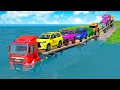 Download Lagu Triple Flatbed Trailer McQueen Transportation with Truck - Speedbumps vs 7Cars vs Train - BeamNG #7