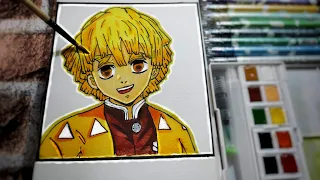 Drawing Zenitsu From The Anime Demon Slayer Watercolor Painting 