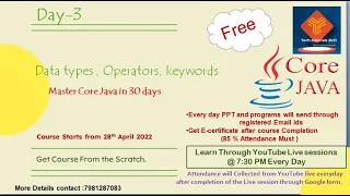 Day-3 Data types Operators keywords Master in Core Java 30 days Course