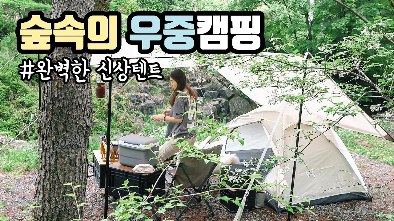[솔로캠핑] 깊은 숲 속에서 새 텐트와 함께 우중캠핑 ^~^♪ / 쑥뜯는 야생 캠퍼 / 코베아 몬타나 아이보리 / 빗소리에 등갈비 김치찜은 못참지 / 영월 숲속의 작은집 캠핑장 サムネイル