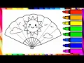 Cute Sun and Clouds Fan Coloring Page for Kids Printable Summer Coloring Sheet