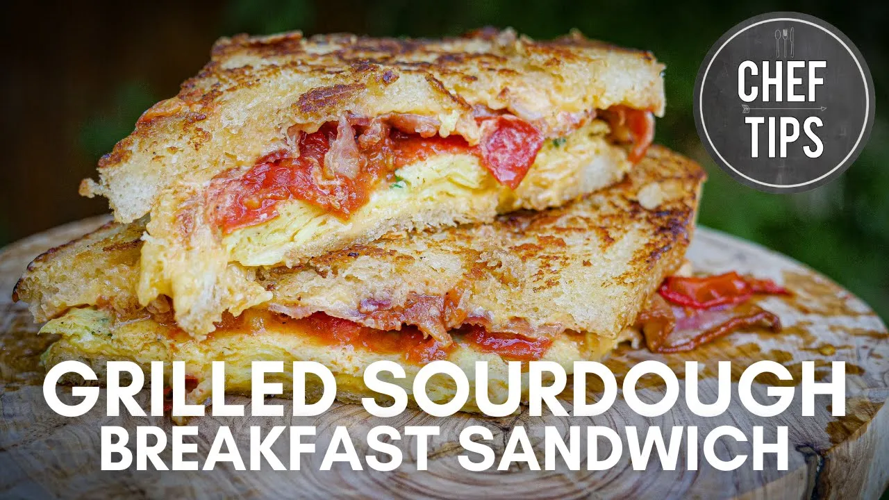 Grilled Sourdough Breakfast Sandwich Recipe - Grilled Cheese with Tomato, Bacon and Egg - Chef Tips