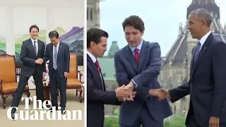 Justin Trudeau s greetings from well-mannered legs to the the three-way handshake