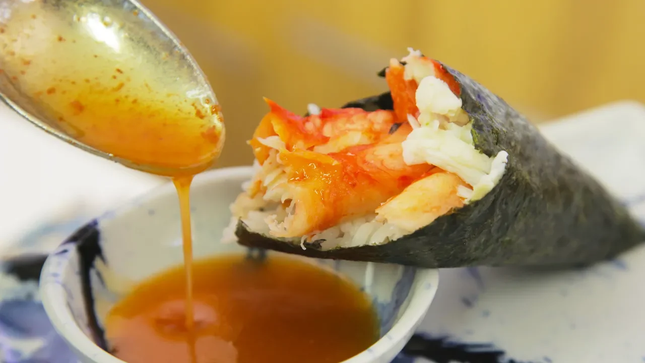 King Crab Sushi Hand Roll (Temaki) With Spicy Butter Sauce