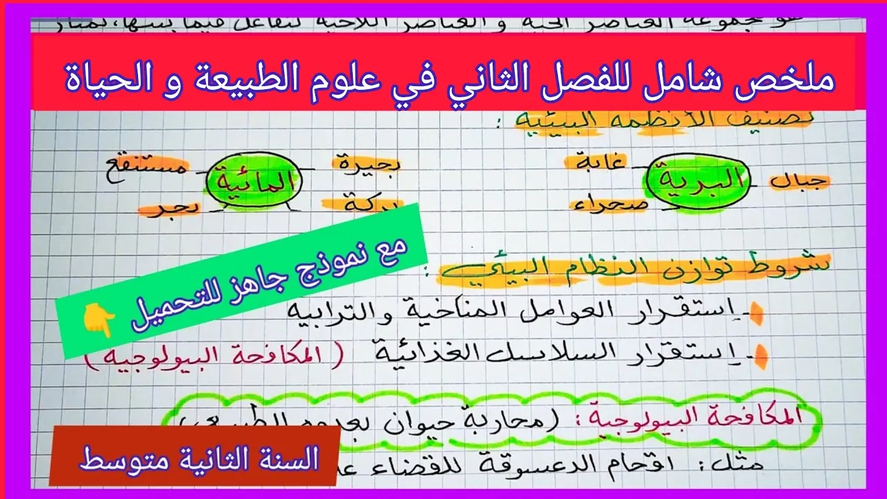 ملخص شامل للفصل الثاني في مادة علوم الطبيعة و الحياة السنة الثانية متوسط مع نموذج جاهز للتحميل 👇