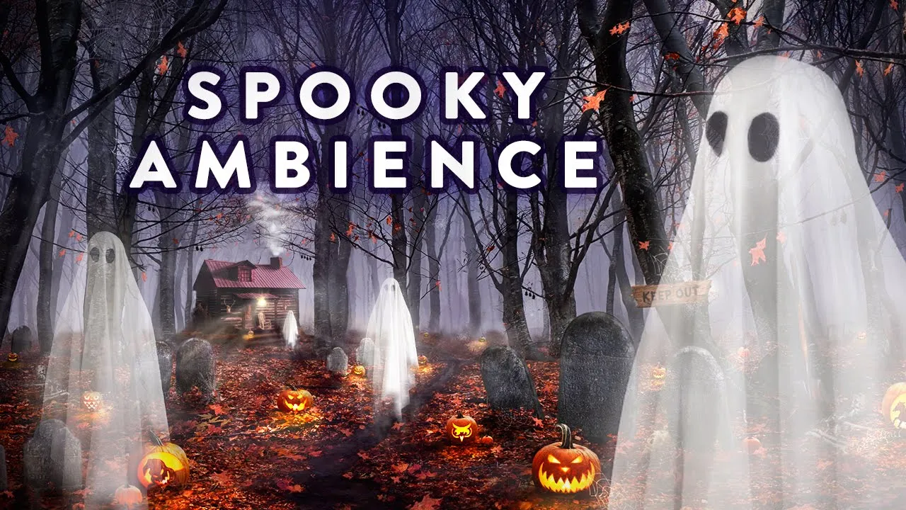 Sheet ghosts and jack-o'-lanterns in a misty forest graveyard, with the words Spooky Ambience
