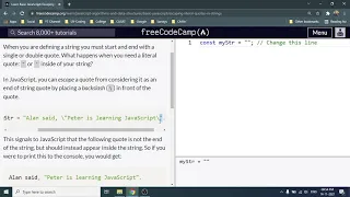 Escaping Literal quotes in strings - Freecodecamp org 25 Basic JavaScript