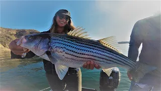 SHE CAUGHT HER PB!! WIDE OPEN STRIPER \u0026 TROUT Fishing! (Castaic Lake)