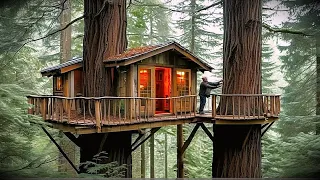 رجل يبني بيتا مرتفع في وصت الغابة شيء جميل 