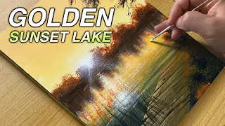 How to Paint a Golden Sunset Lake / Acrylic Painting
