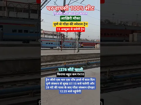 दिवाली-छठ घर वापसी 🚆🔥 पुणे से गोंडा स्पेशल ट्रेन | ₹410 किराया, 1276 सीटें खाली! #shorts #railway