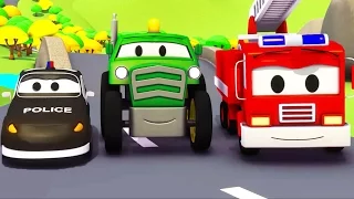 mobil patroli truk pemadam kebakaran dan mobil polisi dan traktor di kota mobil kartun mobil