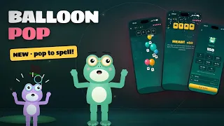 Crick and Bart the frog looking amazed beside three Luma Words Balloon Pop screens: letter balloons spelling HEAD, a HEAD! +50 card with its meaning, and a Run over score of 150.