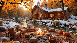 Early Winter Snowfall Lakeside Cabin Relaxing Piano Music With Crackling Firepit 
