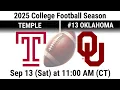 2025 Sep 13 Football Oklahoma OU Sooners vs Temple Owls 2025 College Football Season 20250913