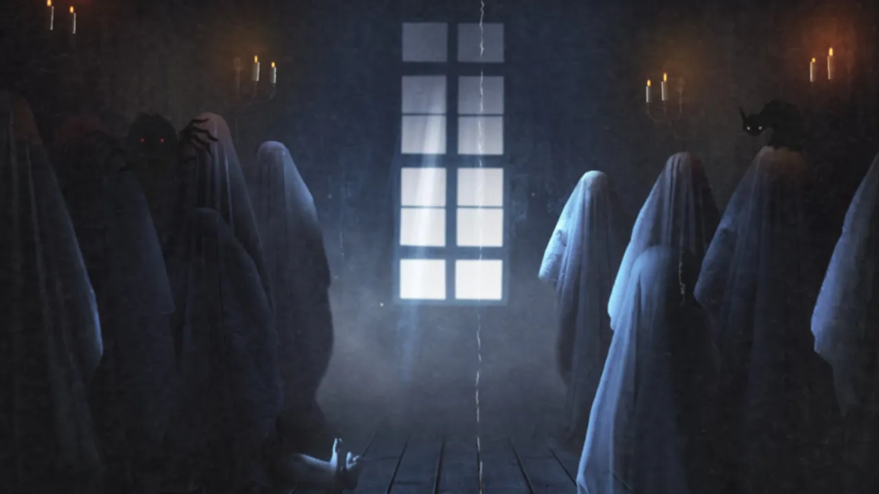 Sheet ghosts and black cats in a candlelit room with a blue window