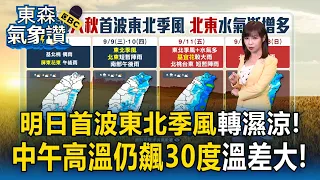 才9月初「首波東北季風」明有感報到！降溫轉濕涼清晨下探21度 中午高溫仍飆30度溫差大【東森氣象讚】