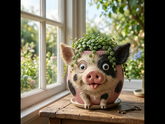 Adorable Pig Planter Pot with Succulent Hair Whimsical Animal Plant Holder video thumbnail