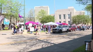 Protesters gathered in downtown Lafayette in latest round of No Kings demonstrations