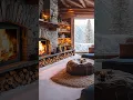 Download Lagu Cozy log cabin living room with stone fireplace, curved sofa, and snowy mountain view😍
