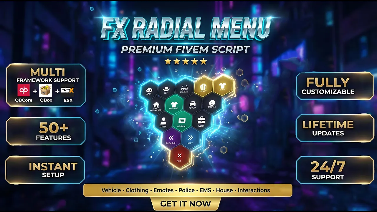 FxRadialMenu  NPC Police + EMS Tools + Parking + Emotes qb core/Qbox/Esx (Escrow)