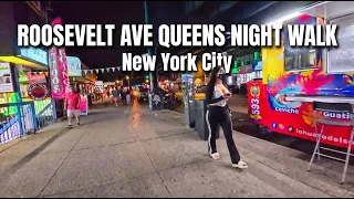 NYC Night Walk Roosevelt Avenue Queens in 4K POV Jackson Heights Summer Nightlife