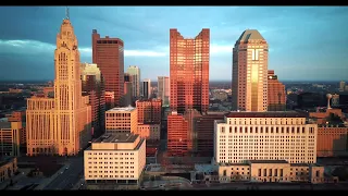4k Aerial Flyover Columbus Ohio downtown at Sunset