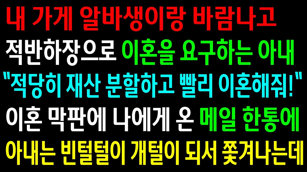 Outline Video (실화사연)내 가게 알바생이랑 바람나고 적반하장으로 이혼을 요구하는 아내..나에게 온 메일 한통에 아내는 빈털털이 개털이 되서 쫓겨나는데..[신청사연][사이다썰][사연라디오]