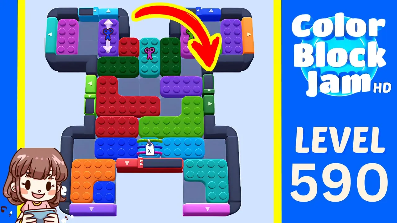 Color Block Jam Level 590 2:40 H-shaped board with key pieces and bottom-center red locked gate opening frame