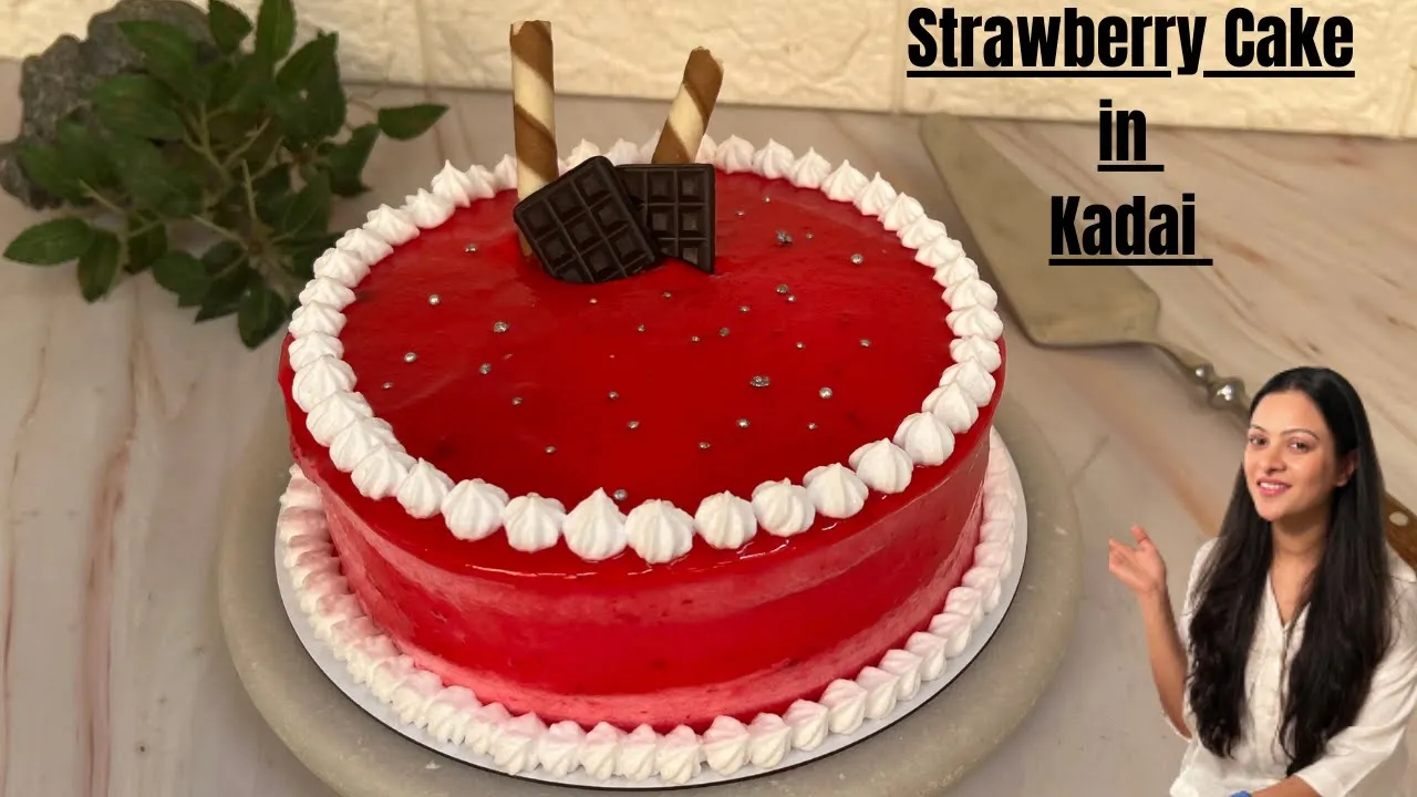 Super Soft Strawberry Cake In kadai   Free  Cake   No Eggs, No Curd, Oven Strawberry Cake