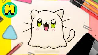 CÓMO DIBUJAR un GATO FANTASMA KAWAII 👻🐱 | Halloween fácil