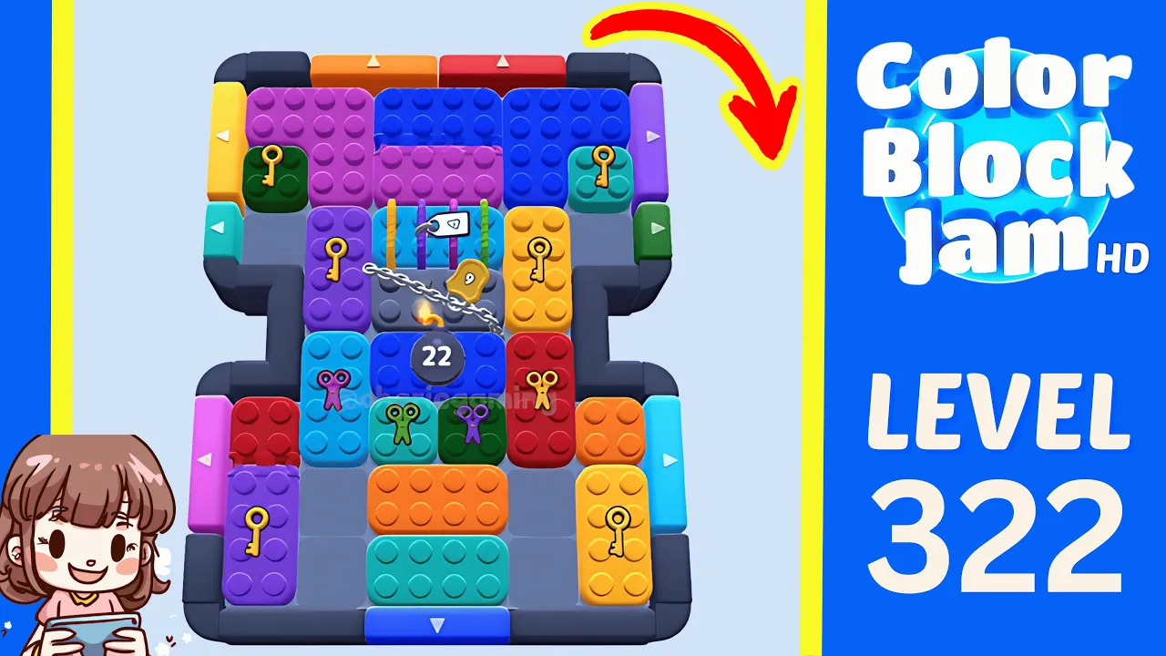Color Block Jam Level 322 1:50 board with central chained lock and blue 22 countdown block opening frame