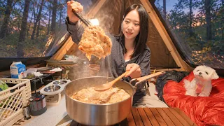 숲 속 오두막 짓고 강아지와 단 둘이 즐기는 슬로우 라이프 | 치킨 프리카세, 들기름 메밀면 샐러드 | 강화도 아침캠핑장