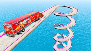 Mack Truck vs Impossible Sriral Wave Bridge Crossing Cars Vs Deep Water - BeamNG.Drive