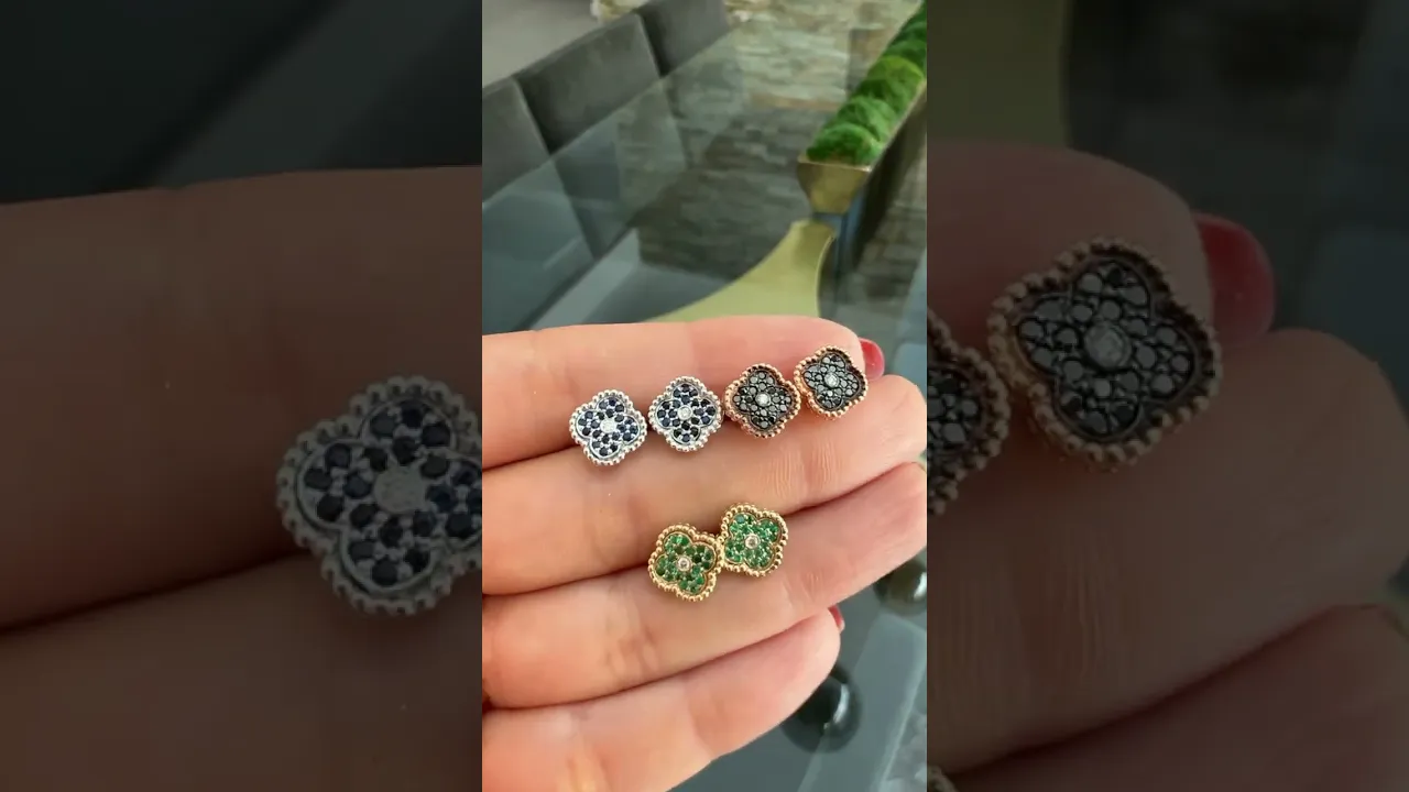 14K Gold Emerald & Diamond Floral Studs Earrings