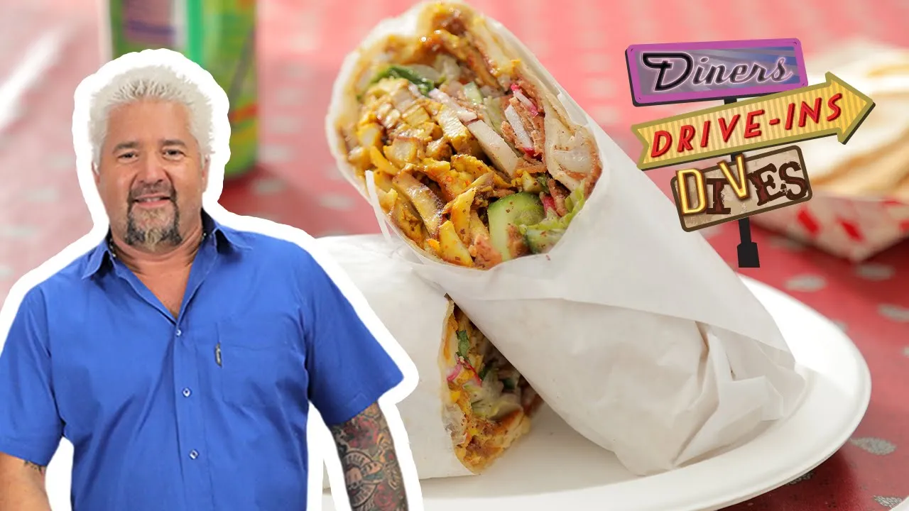 Guy Fieri Eats a Fattoush Chicken Shawarma Wrap   Diners, Drive-Ins and Dives   Food Network
