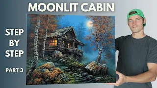 Moonlit Cabin STEP by STEP Acrylic Painting Tutorial | Moss Rocks & Forest Path